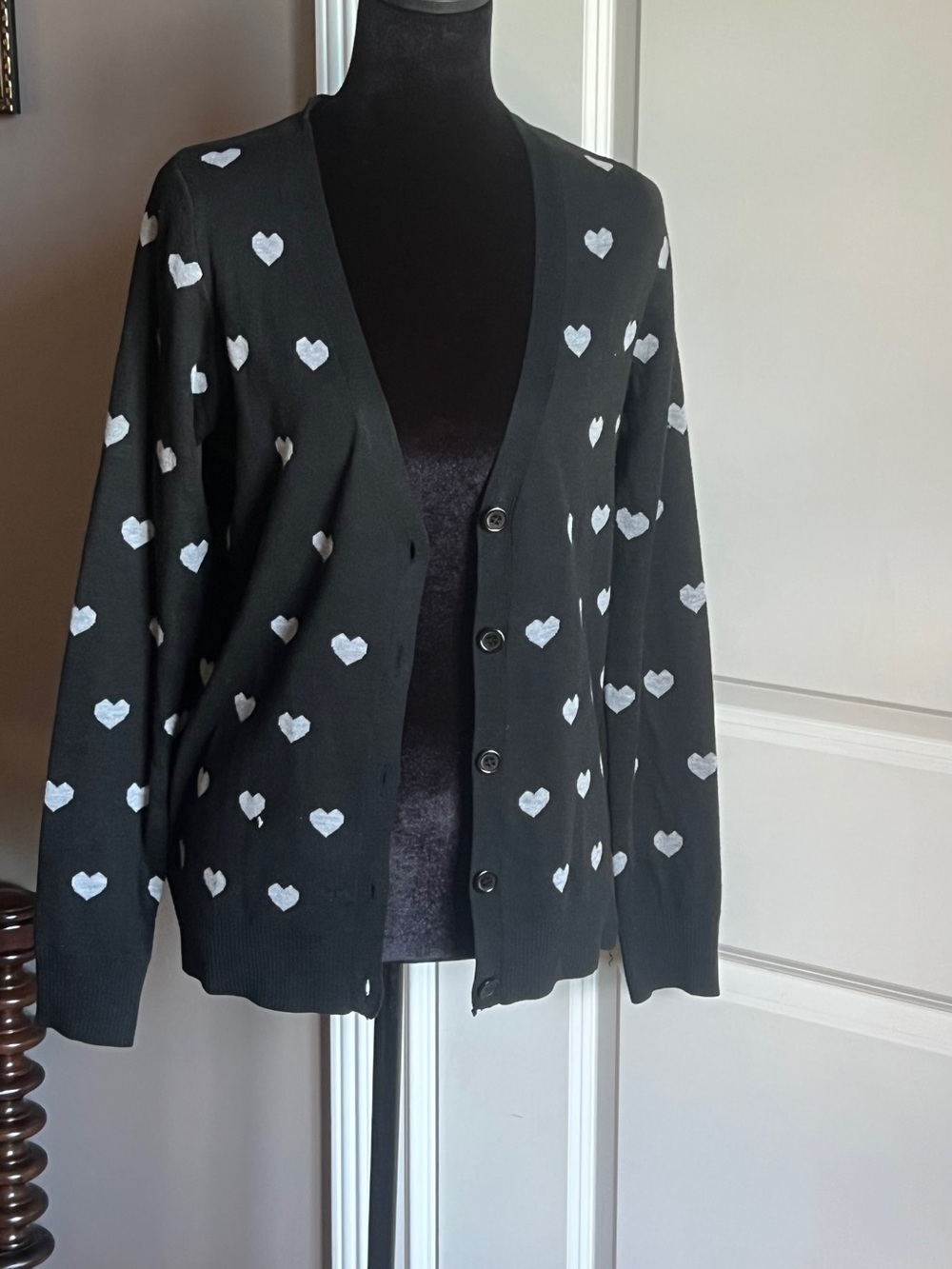 Shasa Black Cardigan with White Heart Motif